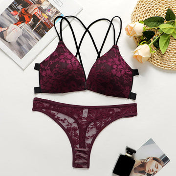 Flourish Sexy Floral Lace Underwear Set Backless Front Closure Bra And Mesh Thong Lingerie Set For Women