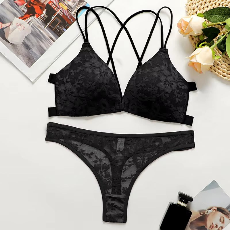 Flourish Sexy Floral Lace Underwear Set Backless Front Closure Bra And Mesh Thong Lingerie Set For Women